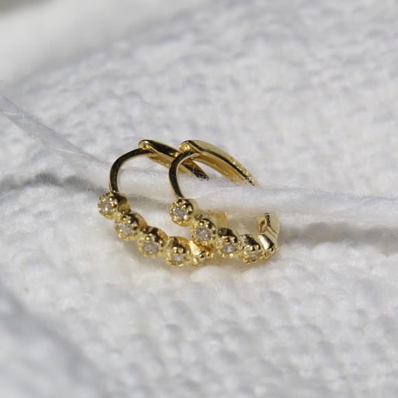 Sterling Silver Gold Huggie Hoops with Row of Isolated Simulated Diamonds - Picture 2 of 12